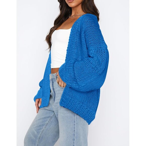 Womens Trendy Cardigan Sweaters Blue Long Sleeve Chunky Knit Outfits - Picture 3 of 8